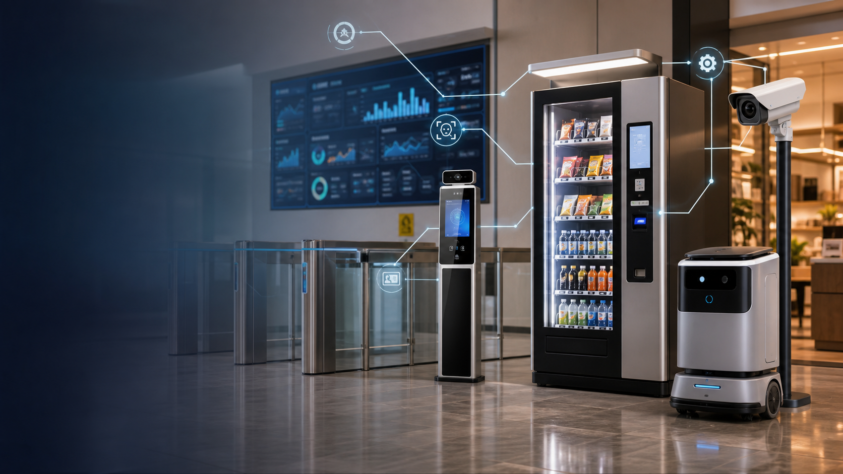 Smart terminals, vending machine, access control, camera, robot, and business dashboard connected as one deployment